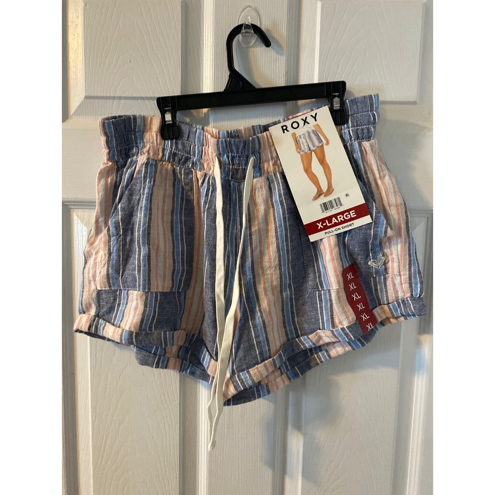 Roxy Womens Striped Pull On Shorts Blue Peach White XL NWT